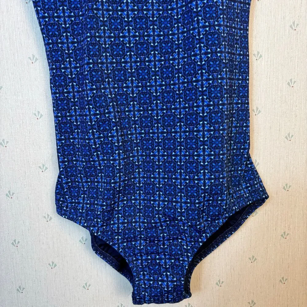 Lands End Tugless Low Leg One Piece Swimsuit 8L Navy Mosaic Mini Tile UPF50  NWT - Picture 6 of 13